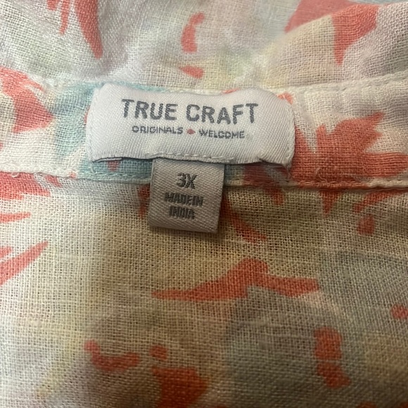TRUE CRAFT Linen Blend Pastel Printed Short Sleeve Crop Button Down Top - Picture 7 of 8